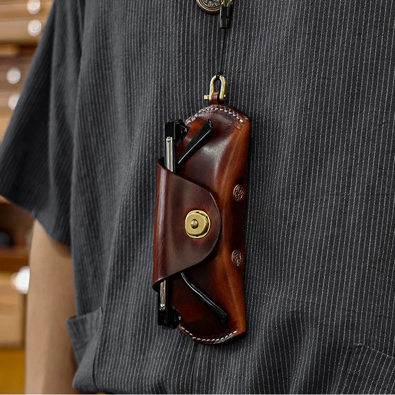 

Premium Leather Eyeglass Case with Snap Closure - Slim Hard Shell Glasses Holder for Men & Women Portable Travel Pouch