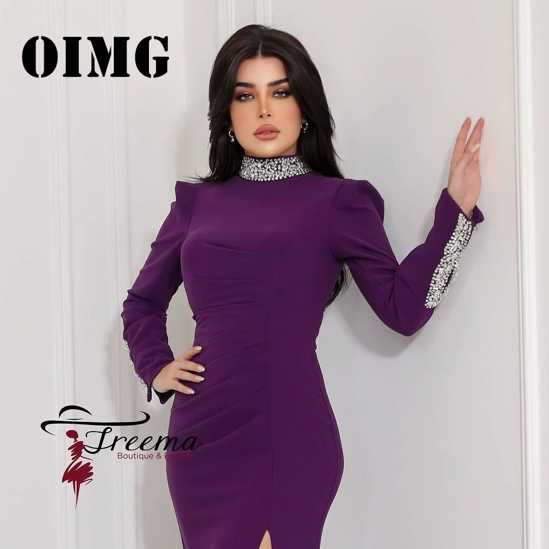 OIMG New Design High Neck Prom Dresses Long Sleeves Saudi Arabic Satin Ruched Crystals Women Evening Gowns Formal Party Dress