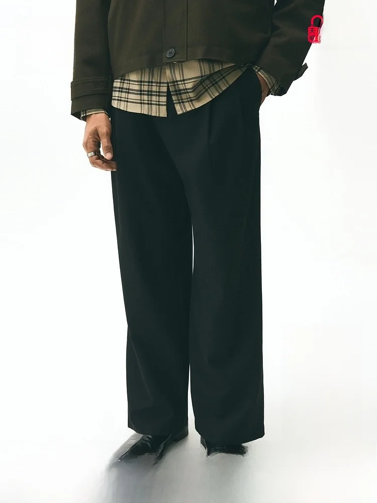 

H&M Men's Winter Loose Fit Long Pants Casual Wide Leg Trousers mid Waist Polyester Viscose Fiber Daily Wear 299854