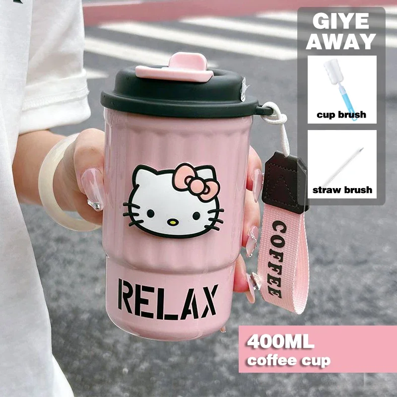 

400ML Sanrio Thermos Cup Kawaii Hello Kitty Kuromi Water Cup 304 Stainless Steel Anime Cartoon Water Bottle Straw Large Capacity