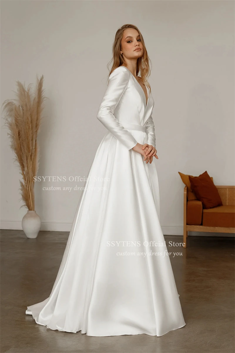 SSYTENS Formal Wedding Dresses Women Bride Dress Backless Long Sleeves Satin Bridal Gowns Vestidos Customized Robe De Mariée