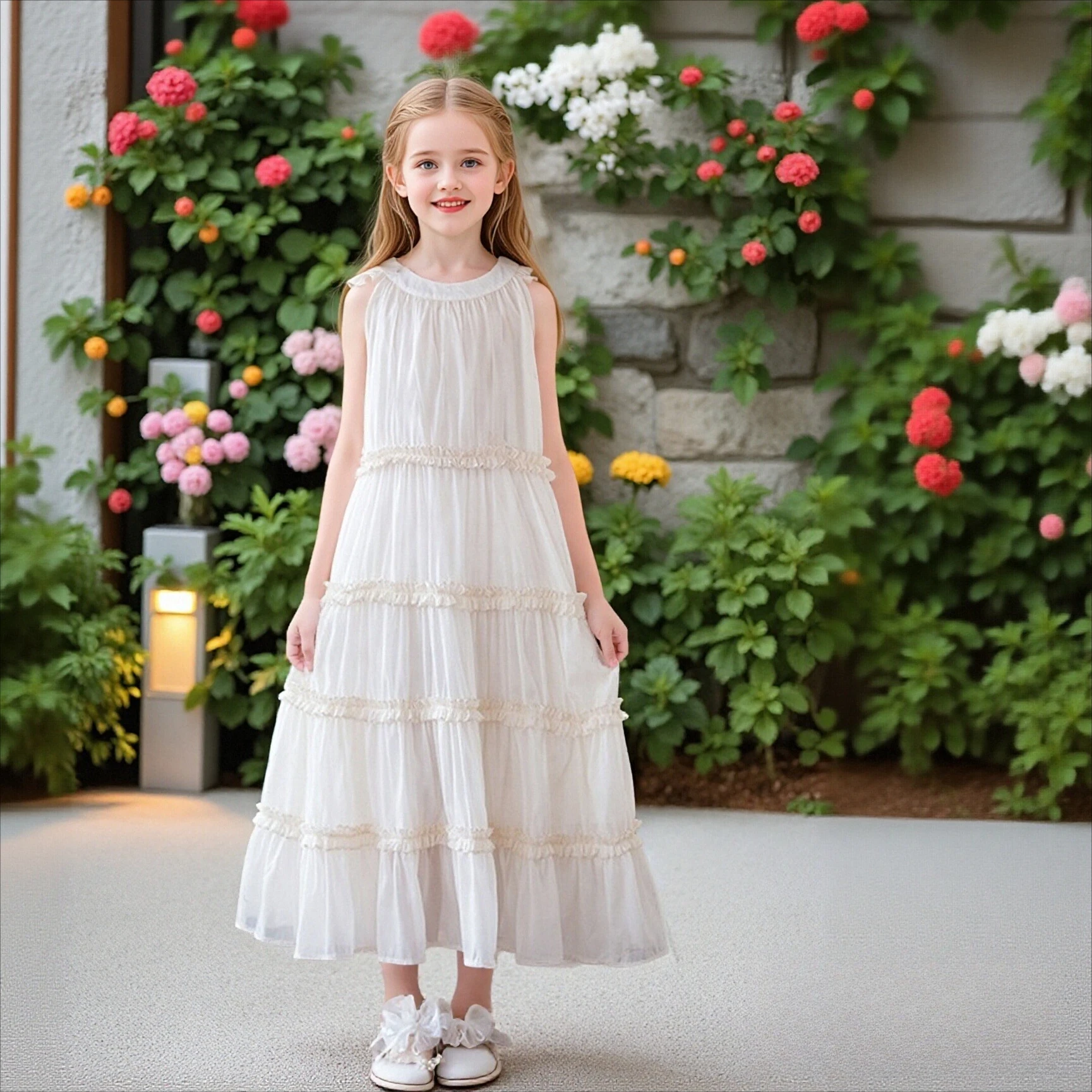 

Girls Sleeveless Tiered Ruffle Midi Dress | Round Neck Flowy Chiffon A-Line Dress for Kids Summer Casual & Vacation Wear Beige