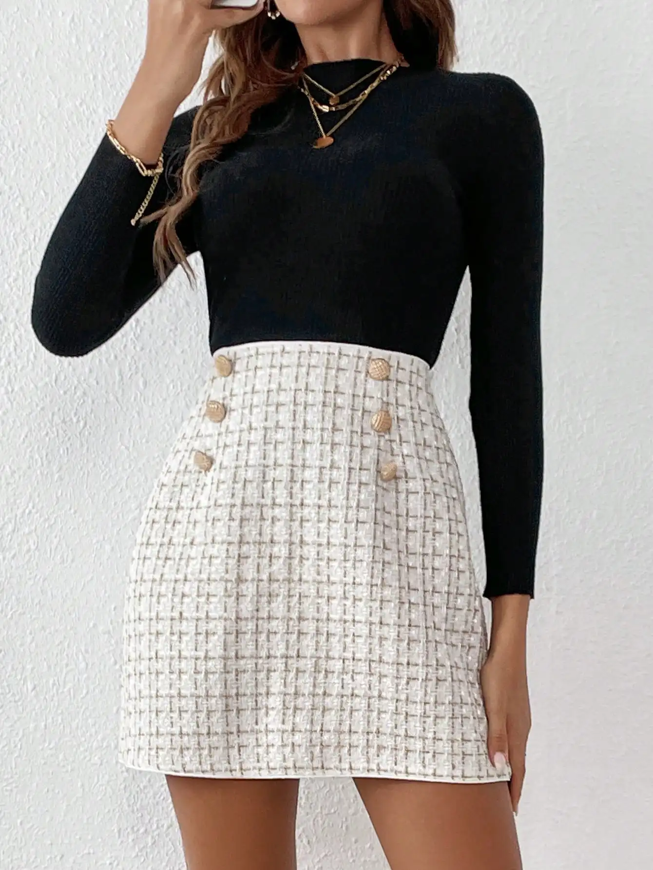 Elegant Tweed Mini Skirt with Decorative Buttons, High-Waisted A-Line Design