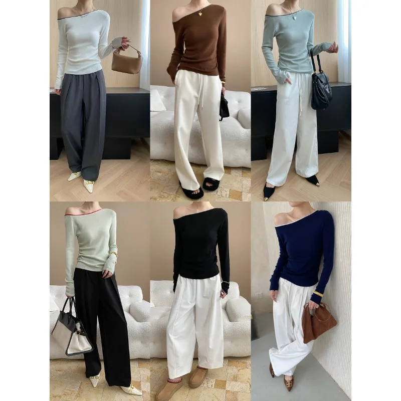 Gestrickte Frauen Pullover Jumper Solide Pullover Slash Neck Langarm Taille Cinched Schlank Büro Dame Casual Frühling Herbst 2025,