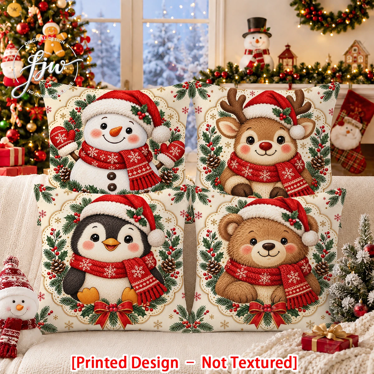 2/4pc Christmas Cute Snowman Reindeer Penguin Bear Throw Pillow Covers Winter Holiday Home Decor Cushion Cases