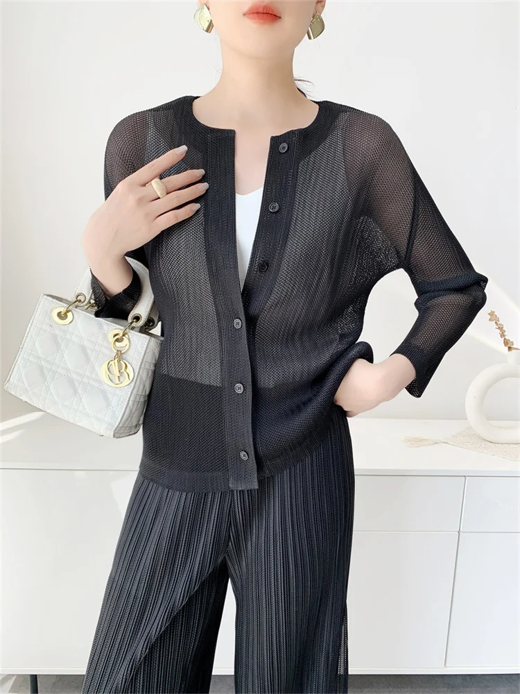 miyake pleated women's casual solid color double-layer mesh round neck long-sleeved single-breasted cardigan top