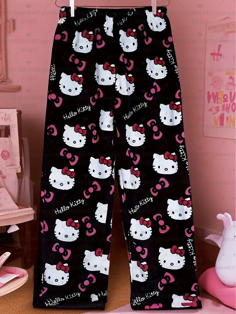 Pantaloni da pigiama lunghi accoglienti invernali da donna Stampa simpatico cartone animato Pigiama caldo Hello Kitty Pantaloni di flanella carini Autunno/Inverno