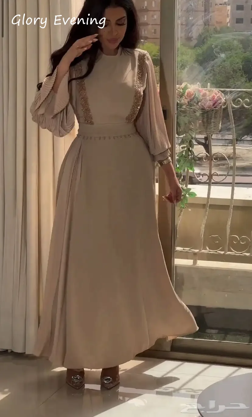 Fashion Evening Dresses 2024 Ankle Length O-neck Prom Dresses Long Sleeves Beaded Chiffon Formal Occasion Dresses Saudi Arabia