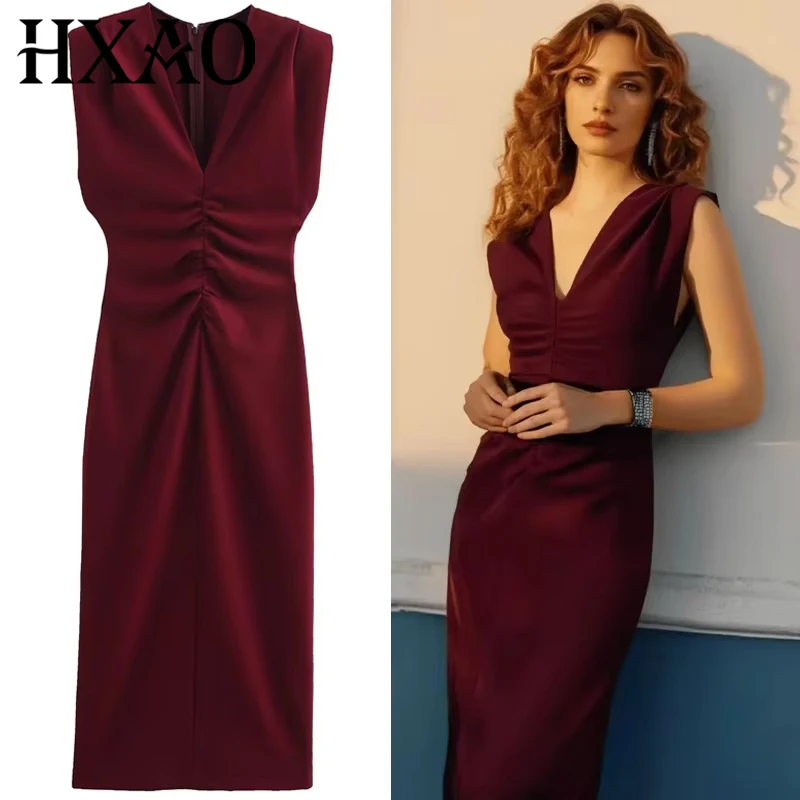 فستان نسائي أحمر من HXAO فساتين صيفية 2025 فساتين حفلات أنيقة فستان سهرة غير رسمي للحفلات الراقصة مكشكش بدون أكمام فستان طويل #1