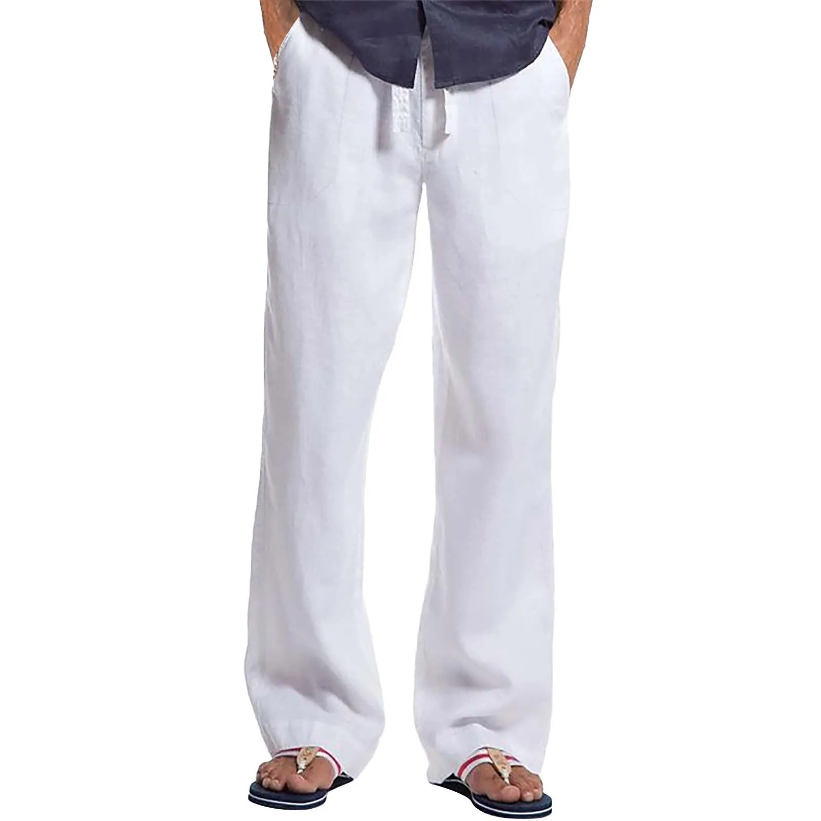 

Men'S Cotton And Linen Outdoor Daily Solid Color Drawstring Multi Pocket Loose Straight Leg Pants Star Glitter