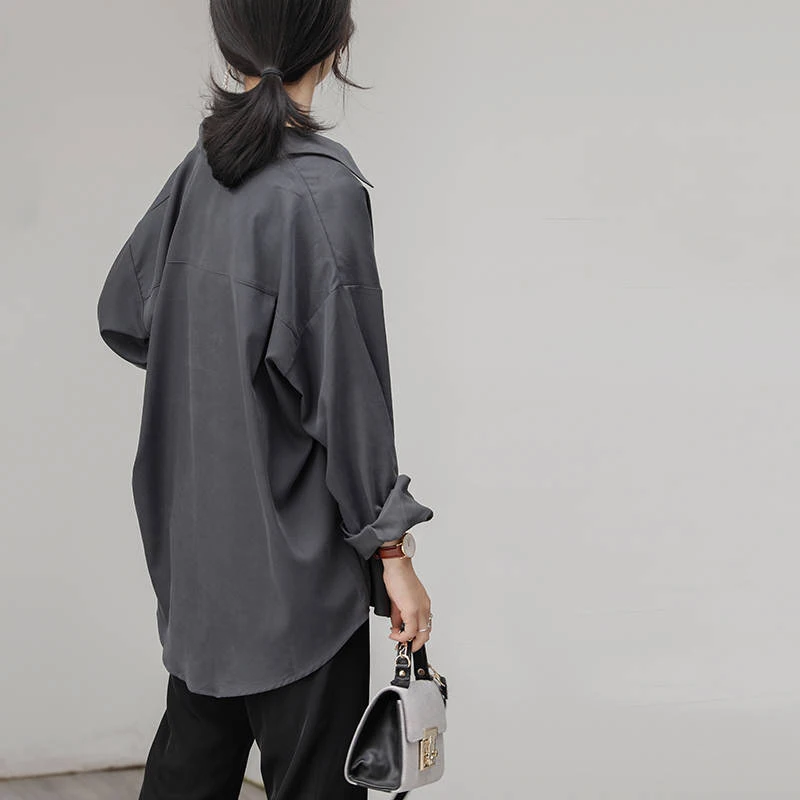 Gidyq Women Chiffon Shirts Fashion Streetwear Female Loose Long Sleeve Shirts Y2K Korean Casual All Match Gray Blouse