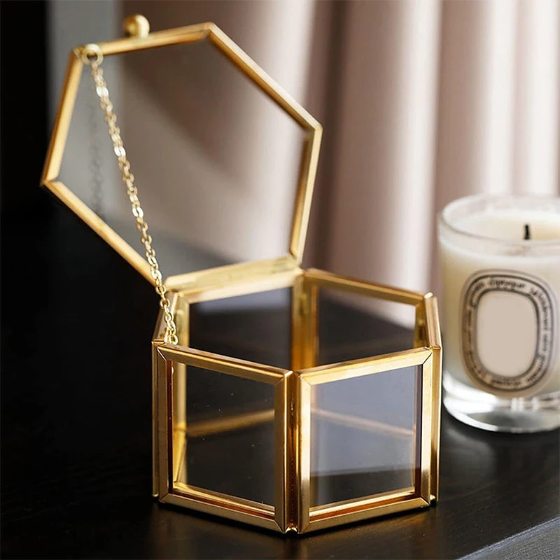 High-end Hexagonal Ring Box Gold And Golden Glass Luxurious And Retro Jewelry Storage Box Jewelry Accessory Box