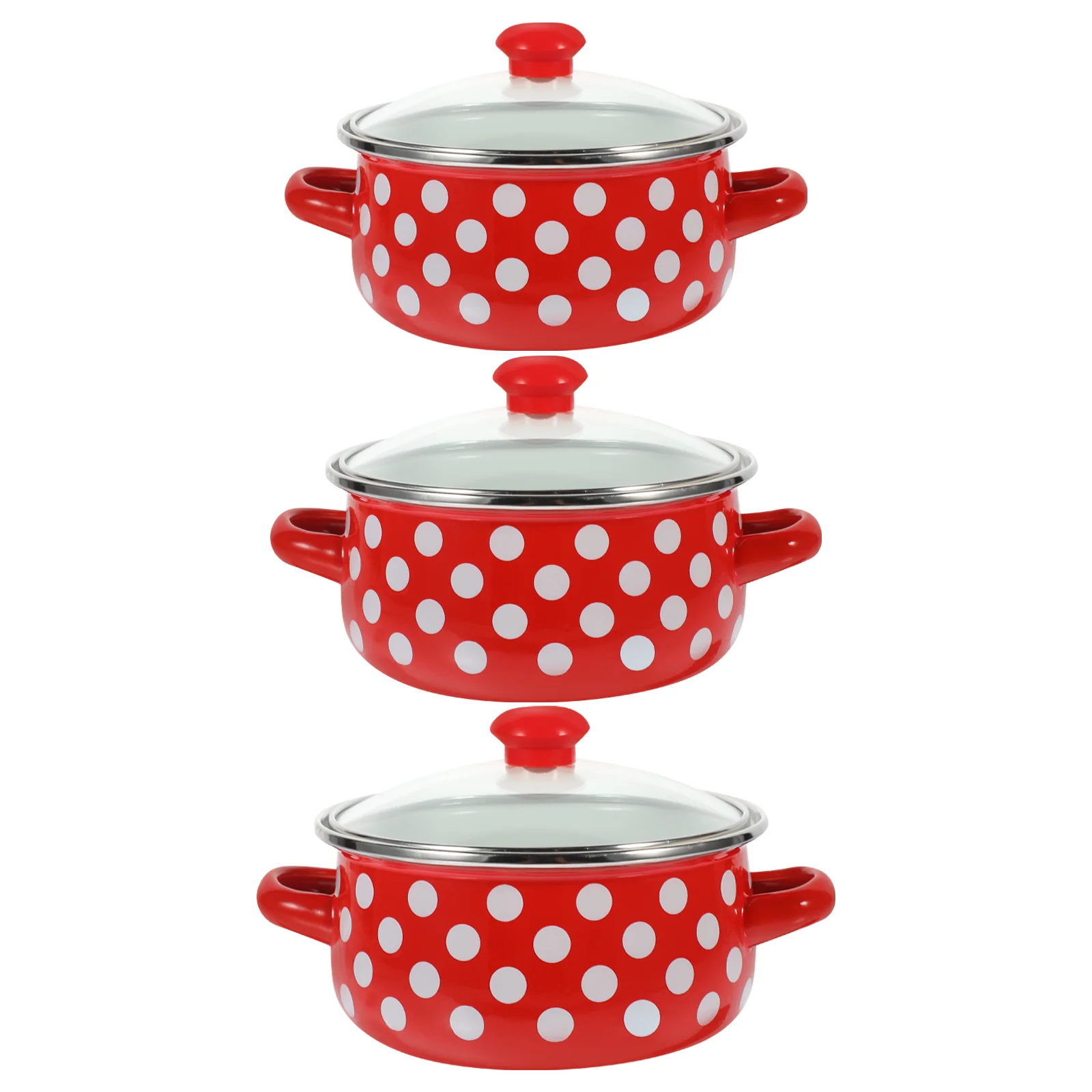 

1 Set Enamel Mini Soup Pot 3 Piece Kit Double Handle Flat Bottom Non Stick Small Cooking Pots Red White Dots Versatile Home