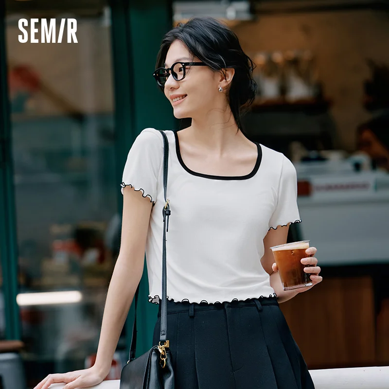 Semir-Camiseta de manga corta para mujer, capa Base ajustada, cuello redondo cuadrado, Top fino de verano, dobladillo con volantes para estilo informal