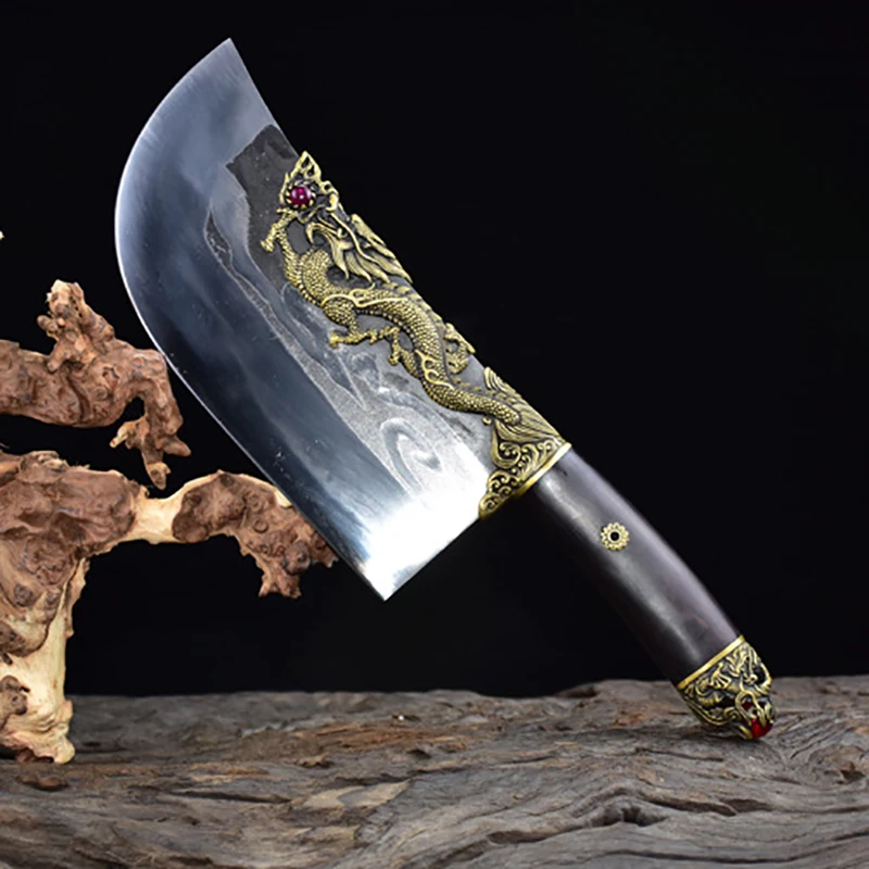 9 Inch Longquan Knife Sharp Machete Handmade Forged Copper Dragon Decor Luxury Kitchen Hatchet Knives Big Bone Poultry Tools