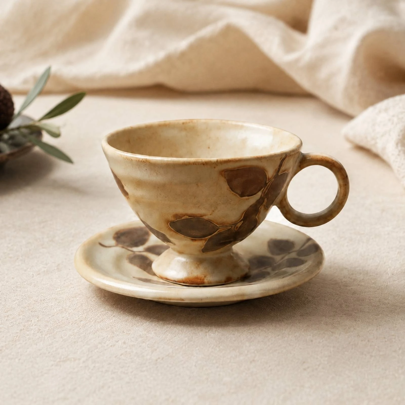Kiln-Glazed Ceramic Teacup with Saucer Everyday Use Glazed Ceramic Teacup Set Drinkware Elegant Tableware Artisan-Style