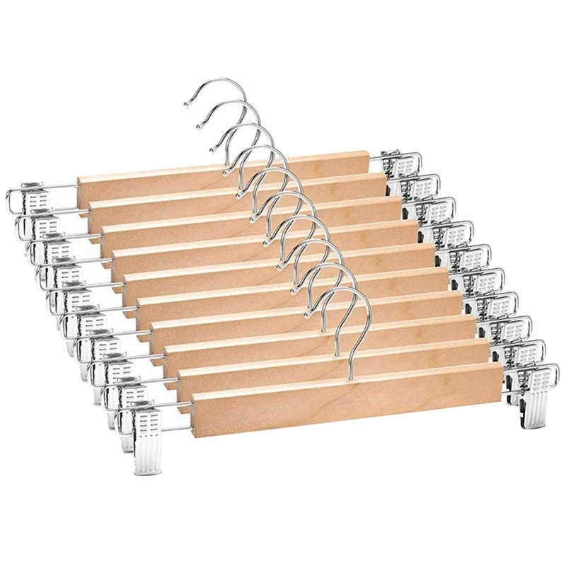 New 10 Pack Wooden Skirt Hangers With Adjustable Clips Non-Slip Trouser Hanger Natural Finish Lotus Wood Pants Hangers 360°