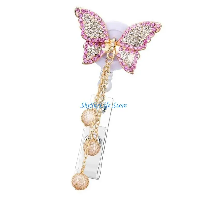 

E65E Stretchable Butterfly Rhinestones Badge Clip 60cm ABS Security Holder for Workplaces Cards and Access Passes