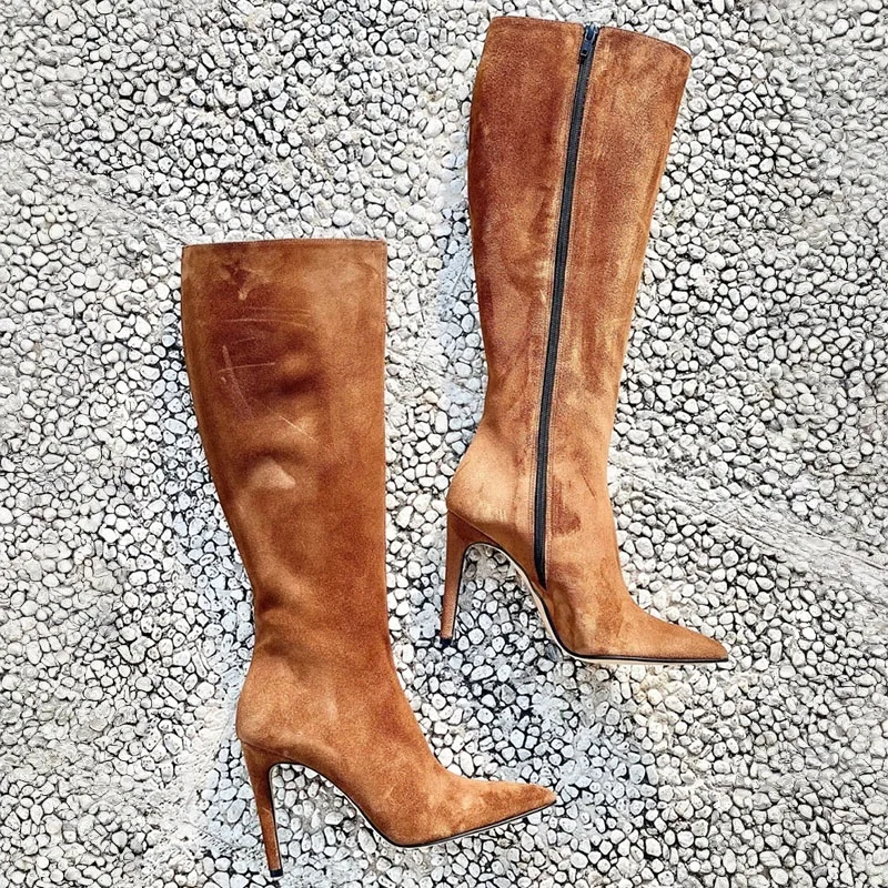 

Brown Suede Zipper Knee High Boots Stretch Fabric Pointed Thin Heels Women Winter Tall Boos Concise Party Shoes Size 46