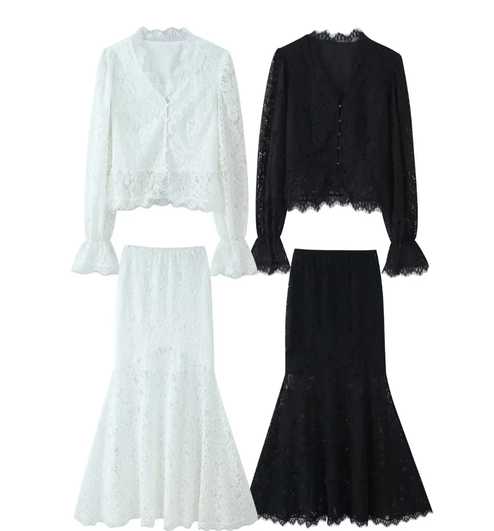Mingmingxi Elegant White eyelash lace Lace Two Piece Set Autumn Long Sleeve Crop Top and Mermaid Skirt Women Matching Sets