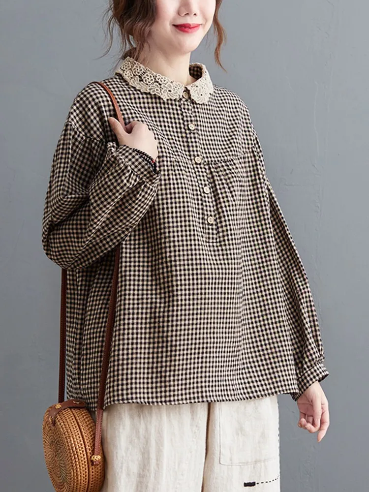 Women Long Sleeve Casual Shirts New 2022 Spring Simple Style Lace Collar Vintage Plaid Loose Female Cotton Tops B1633