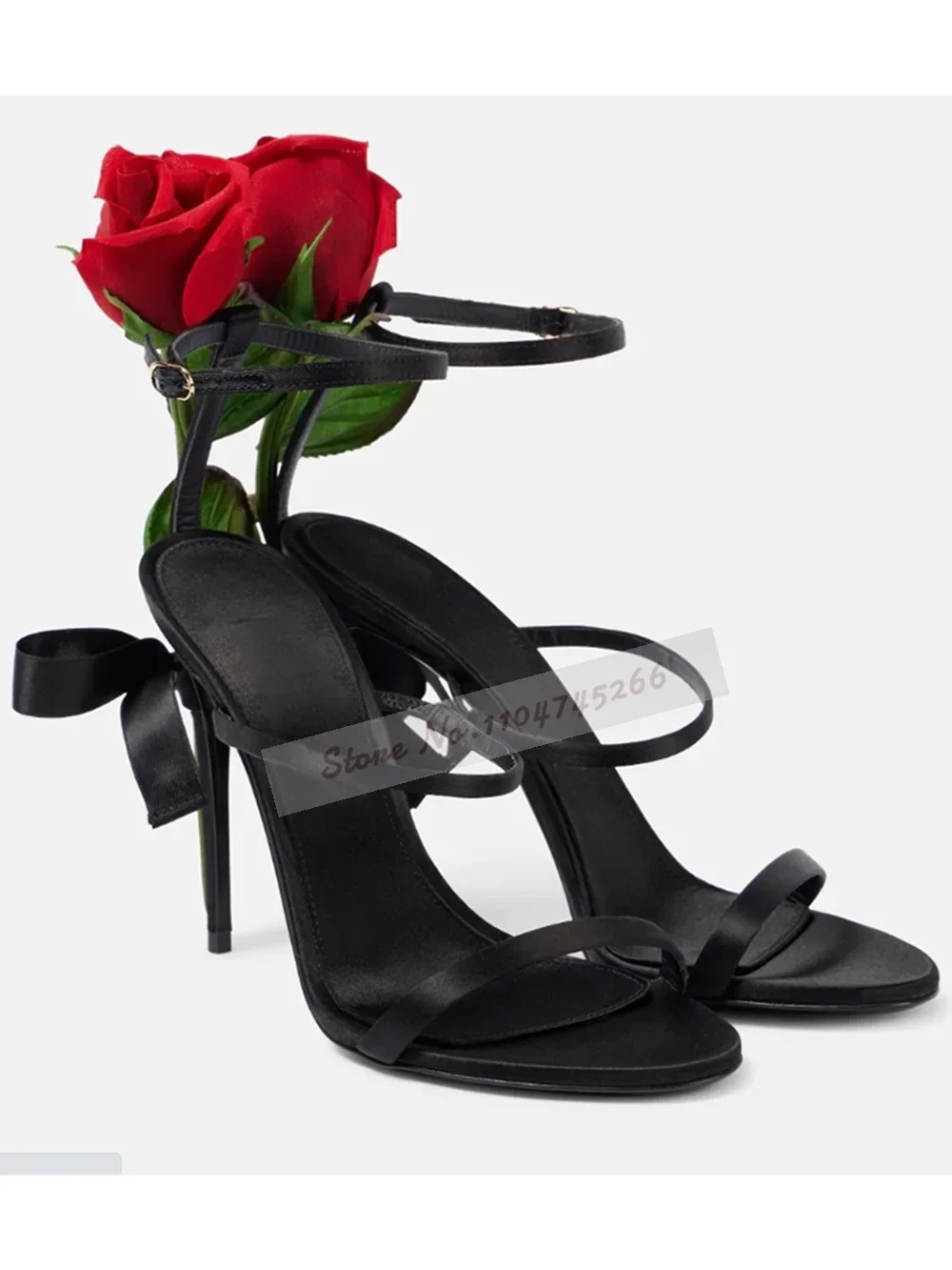 Women 3D Green Leaf Red Rose Heel Sandals Black Satin Narrow Band High Heel Shoes Stiletto Heels Blossom Floral Wedding Shoes