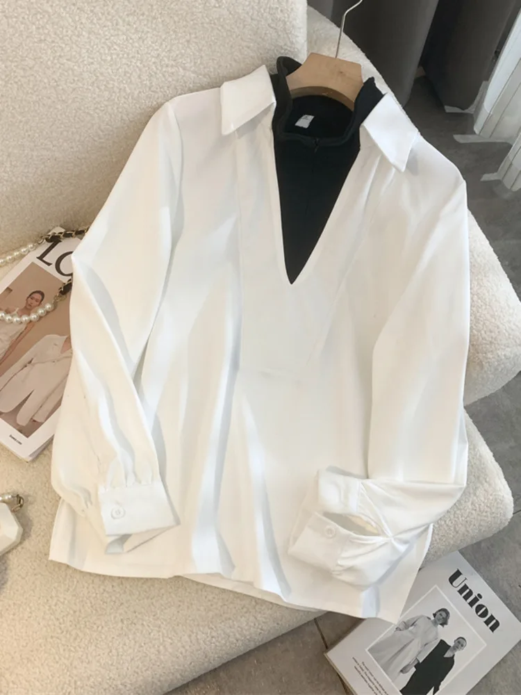 

2023 Spring Fake Two Piece Temperamen Shirt Women Fashion Long-sleeve Korean Loose Blouses Zipper Turtleneck Tops Female Clothes