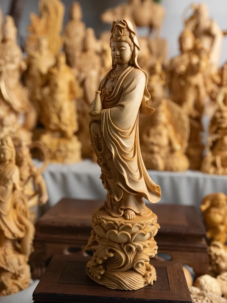 Wave Guanyin statue Buxus Wood Carving Solid Wood kuan yin Home Decoration South Sea Bodhisattva