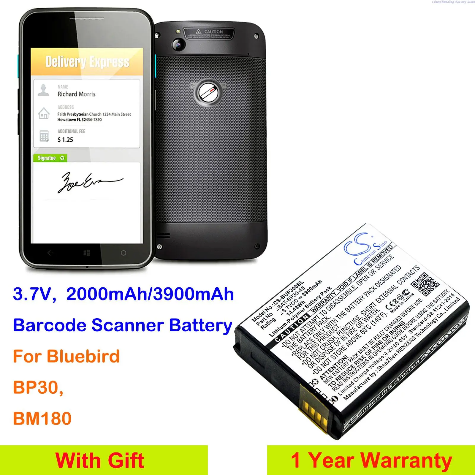 OrangeYu 2000mAh Barcode Scanner Battery BAT-BP30-45 for Bluebird BM180, BP30
