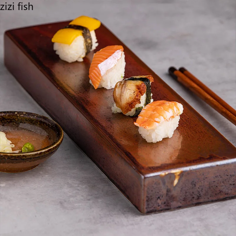 

Фарфоровая тарелка Kiln Changes для суши, прямоугольная тарелка для димсамов и десертов, тарелки для молекулярной кухни, ресторанная посуда