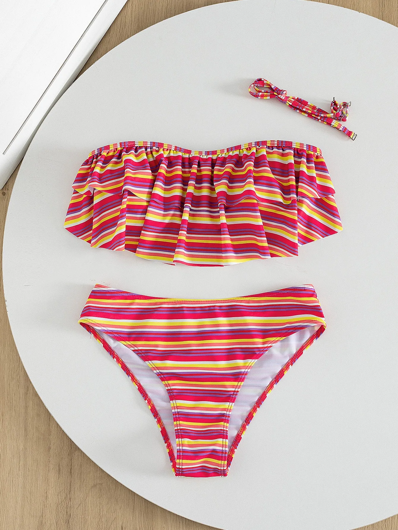 2027 Striped Ruffle Removable Straps Backless Two Piece Bikini Set Women Push Up Tummy Control Swimsuit Swimwear Beach Vacation