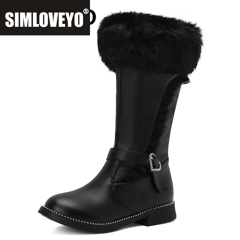 

SIMLOVEYO Теплые зимние сапоги до середины икры с круглым носком на толстом каблуке 3 см, застежка-молния, пряжка ремня, маленький размер 31 32 33, милые ботильоны для девочек