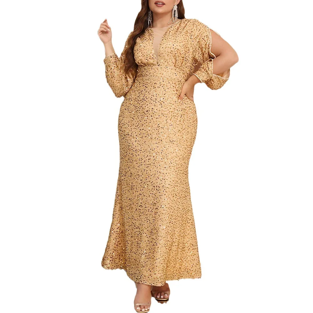 Plus Size Vrouwen Trouwjurken Sexy Temperament Pailletten Met Lange Mouwen Jurk V-Hals Effen Kleur Elegante Avondjurken