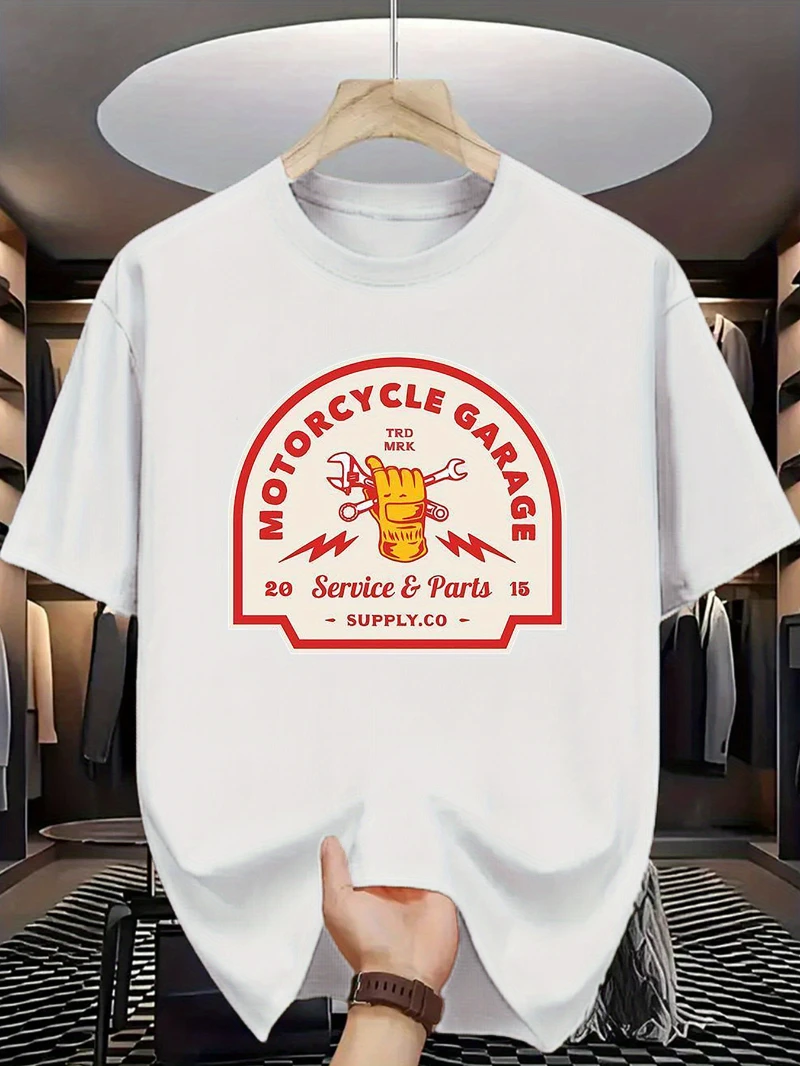 Men's vintage-style crew-neck T-shirt featuring a garage/motorcycle repair theme Casual, loose-fitting pure oversized t shirt
