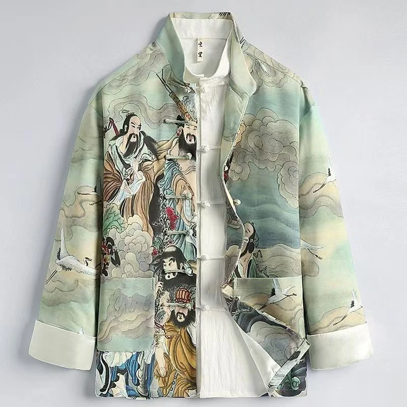

Мужская куртка в китайском стиле, осенне-весенняя, с принтом, в стиле ретро, на пуговицах, свободного кроя, из полиэстера, с длинными рукавами, для молодежи