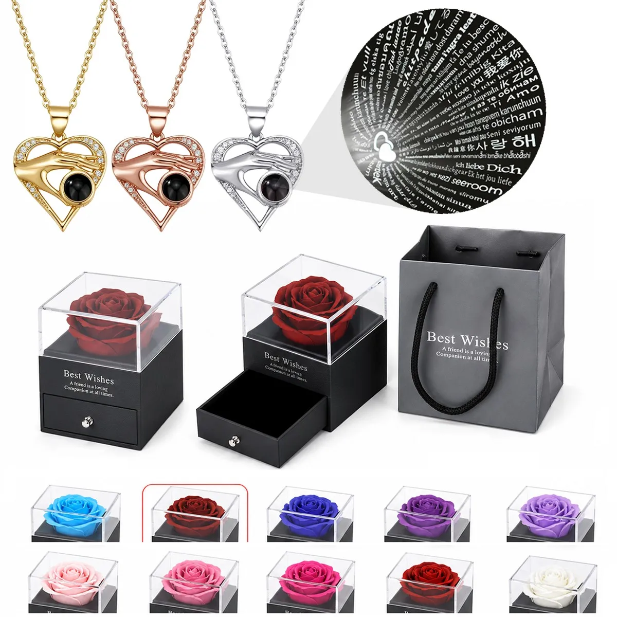 100 Languages Projection Pendant Heart Necklaces For Women With Rose Gift Box Christmas Valentine Birthday Jewelry