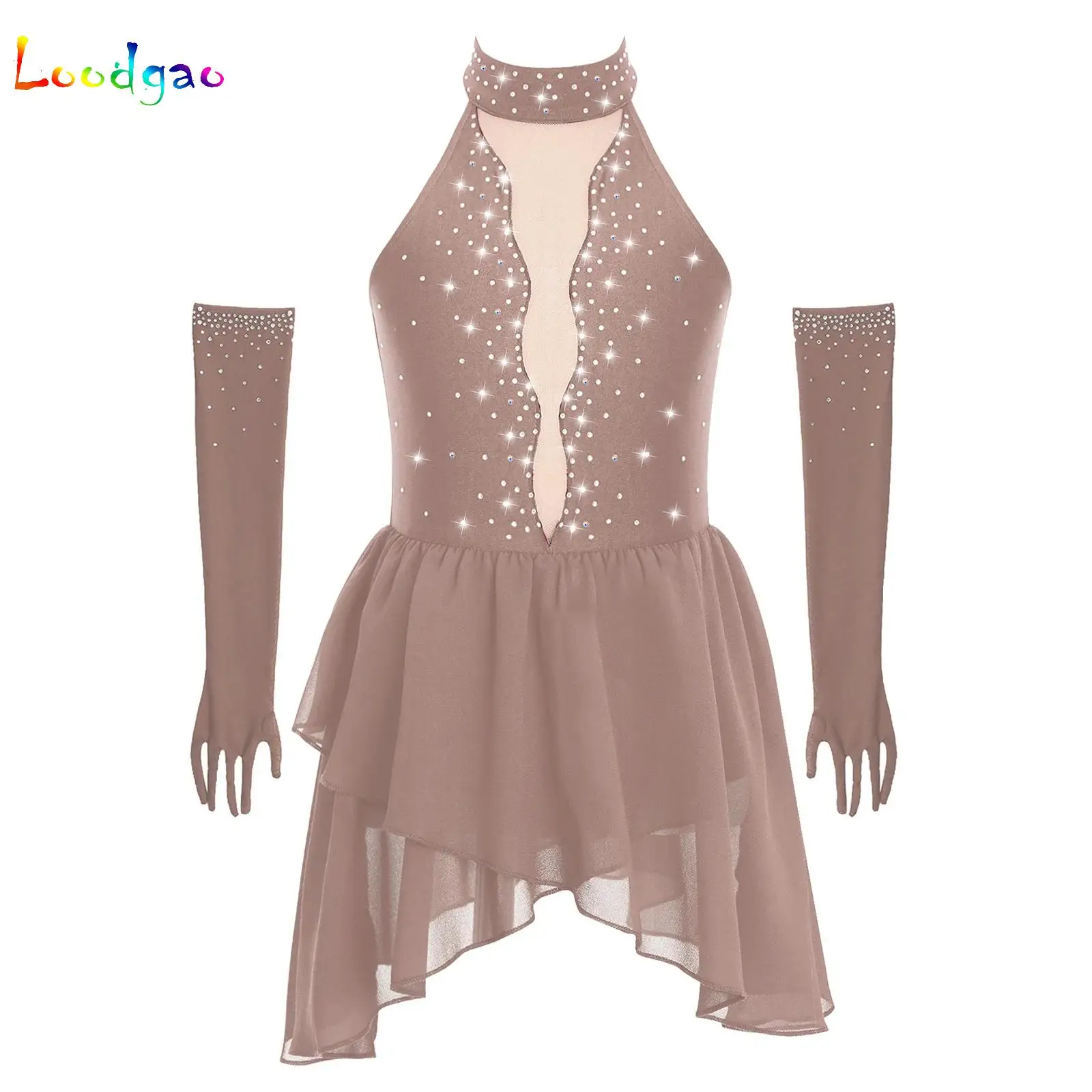 Kids Girls Rhinestone Figure Skating Dress Ballet Lyrical Dance Performance Costume Sheer Mesh Patchwork Dress with 1Pair Gloves