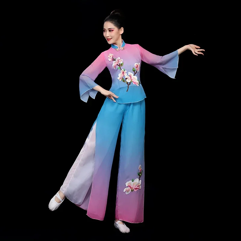 Tradition Chinese Folk Yangko Dance National Costumes Hanfu Clothing Umbrella Fan Dance Elegant Classical Dance Performance