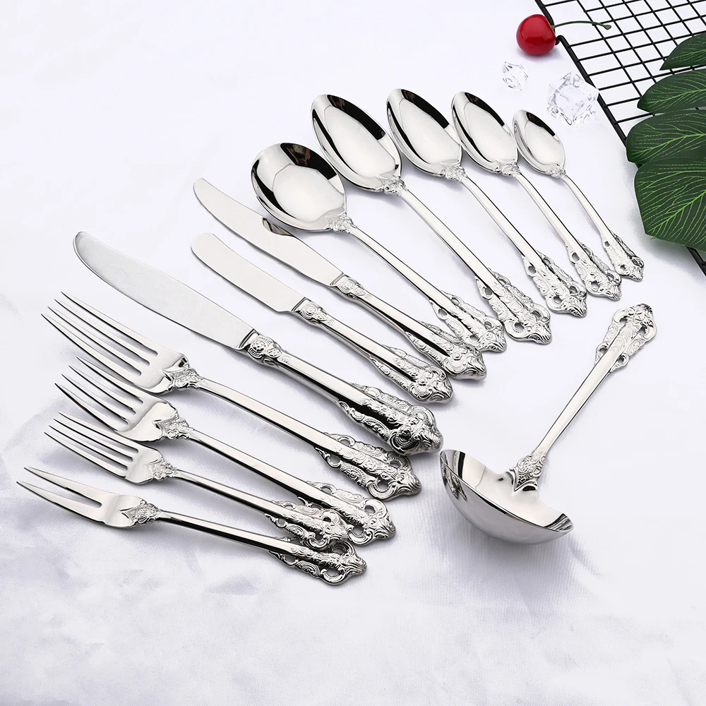 6Pcs Luxury Silver Dinner Set Vintage Western Stainless Steel Cutlery Sets Wedding Engraving Tableware Knife Fork Spoon Teapoon