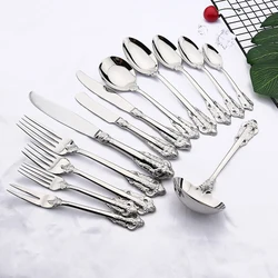 6Pcs Luxury Silver Dinner Set Vintage Western Stainless Steel Cutlery Sets Wedding Engraving Tableware Knife Fork Spoon Teapoon