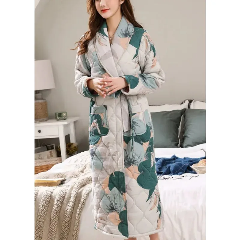 File Pure Cotton Robe Women\'s Winter Three-layer Thick Padded Cotton-padded Padded Jacket Warm Large Size Elderly  Home Wear