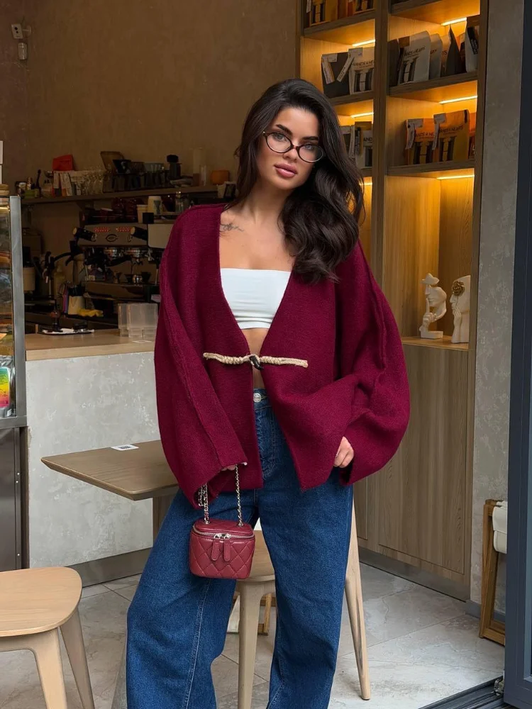Womens Burgundy Chunky Knit Cardigan V Neck Toggle Button Loose Fit Sweater Autumn Winter Casual Party Streetwear Long Maxi Coat