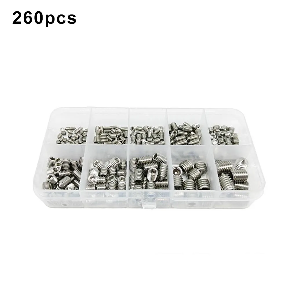 260pcs Hex Hexagon Socket Set 304 Stainless Steel Screw Cone Point Grub Screw Tapered End Headless Bolt M3*4 M3*5 M3*6 M4*8 M5*6