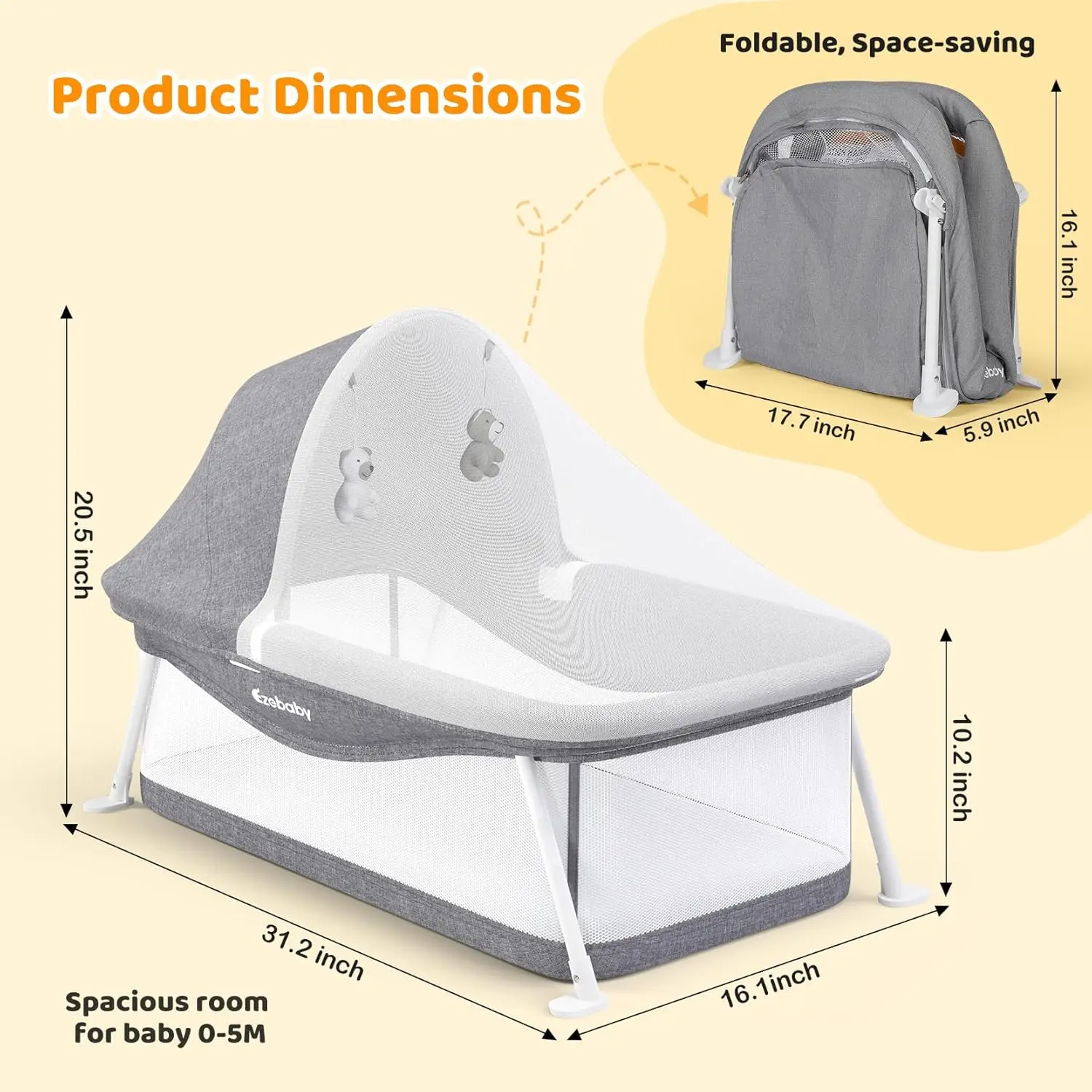 سرير سفر محمول من Ezebaby للأطفال من عمر 0 إلى 5 أشهر، سرير أطفال حديثي الولادة قابل للطي مع مرتبة مبطنة