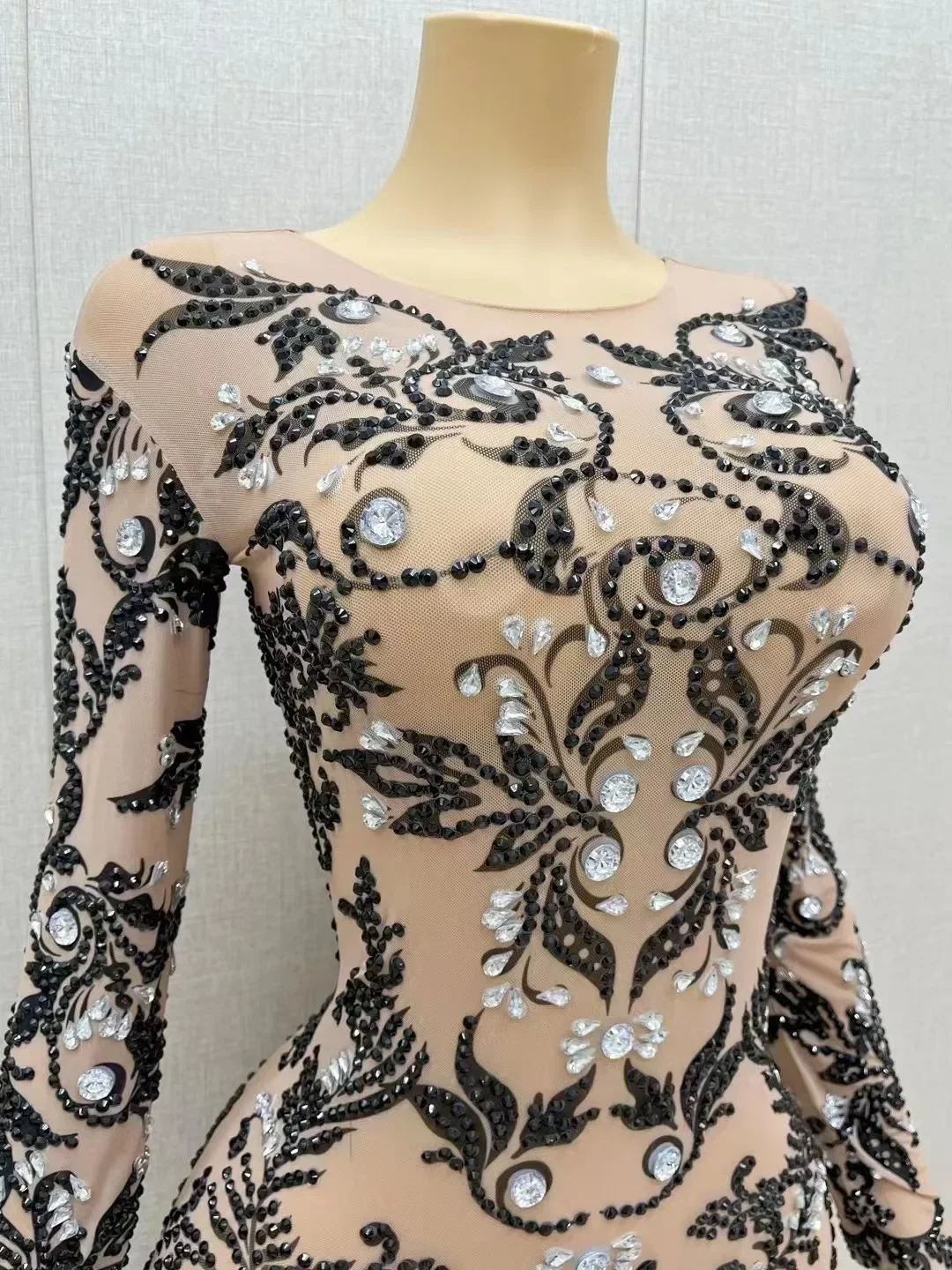 

Transparent Mesh Performance Outfit Birthday Party Photoshoot Collections Women Sexy Stage Black Silver Rhinestones Dress