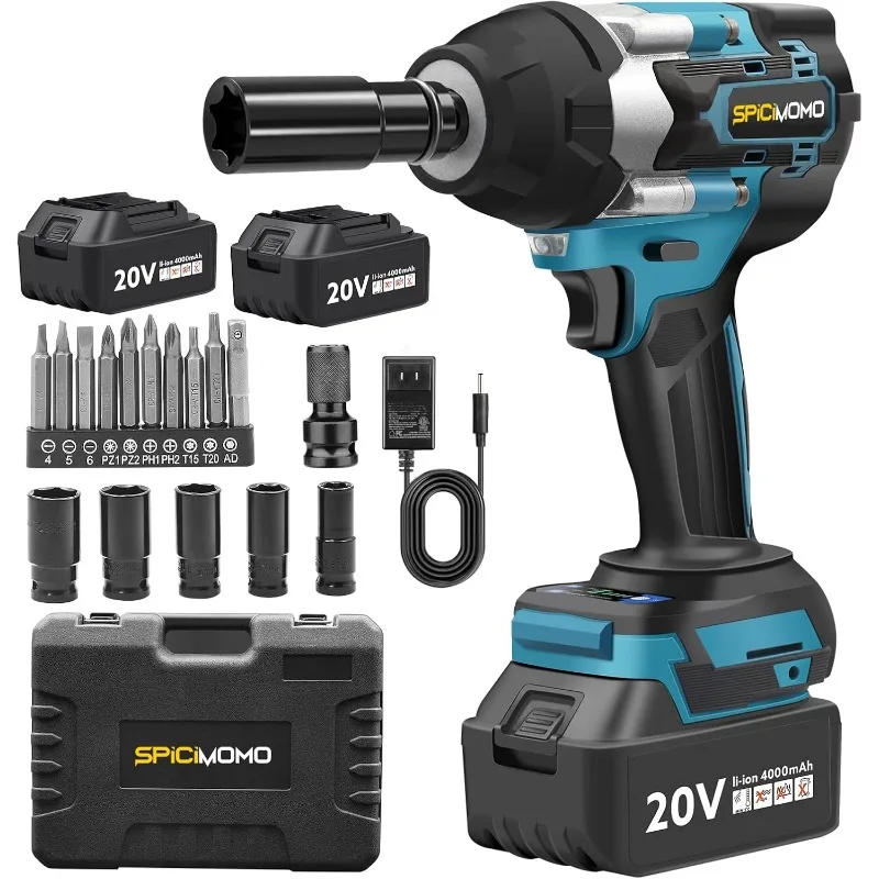 Cordless Impact Wrench, 1/2 Inch Brushless 20V Impact Gun 443Ft-lbs (600N.m) with 2 Packs 4.0Ah Li-ion Batteries