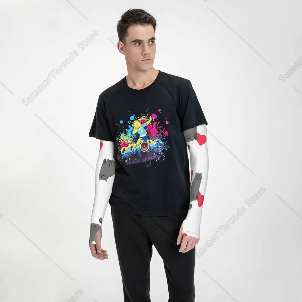 Funda de brazo con fondo blanco de gato y corazón, manga larga de hielo para dedos de verano, sin protección solar, absorción del sudor, agua, secado rápido