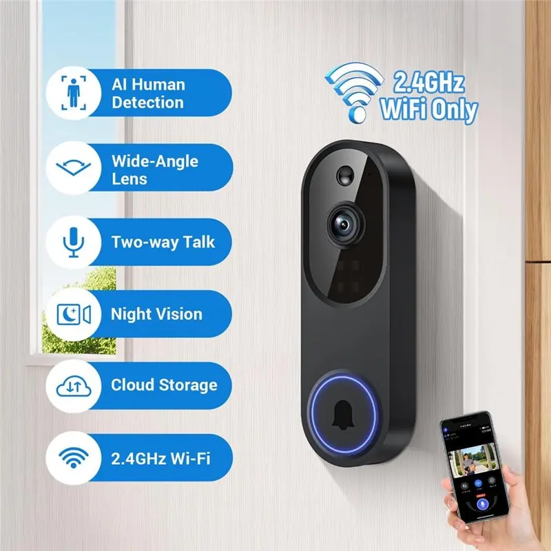 AAAEL-Wireless Video Doorbell Camera, AI Human And Motion Detection, 2 Way Talk, Cloud Storage, Indoor/Outdoor Surveillance
