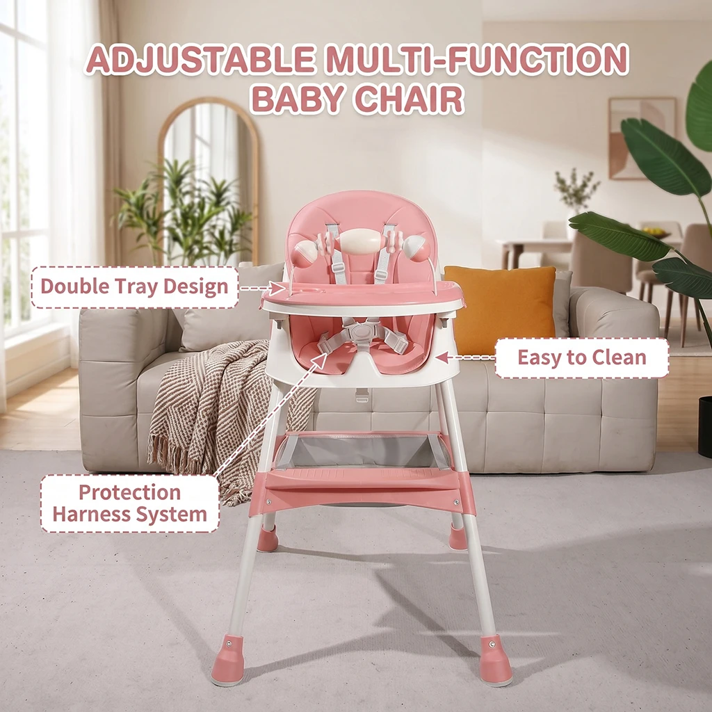 3-in-1-Babyhochstuhl, faltbarer, tragbarer Essstuhl, Sitzerhöhung für Kleinkinder, verwandelbar zum Essen und Spielen, mit doppellagigem Tablett und Spielzeugregal, 5-Punkt-Gurt, für Babys von 6 Monaten bis 3 Jahren. – Detail 3