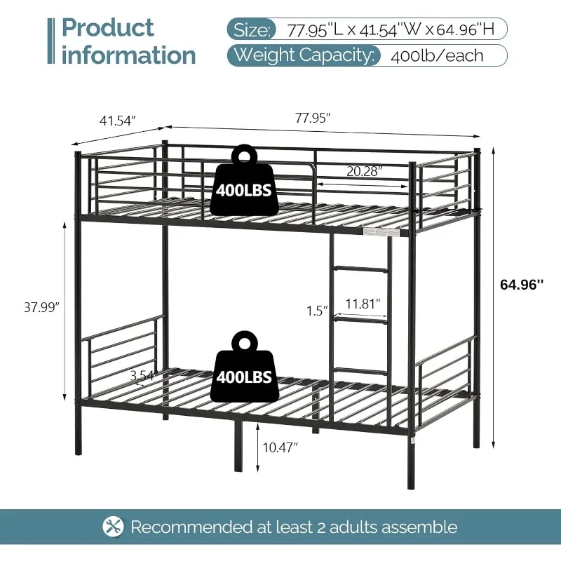 Bed Twin Over Twin, Twin Bunk Beds for Kids/Teens/Adults, Flat Ladder and High Guardrail, Metal Bunk Bed with Stairs